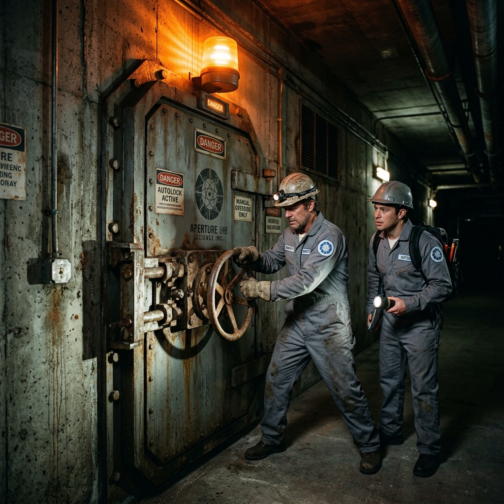Technicians overriding the bulkhead lock of Chamber Nine