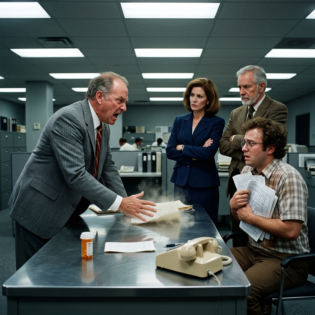 Aris Vance confronting Doug Rattmann in the executive office