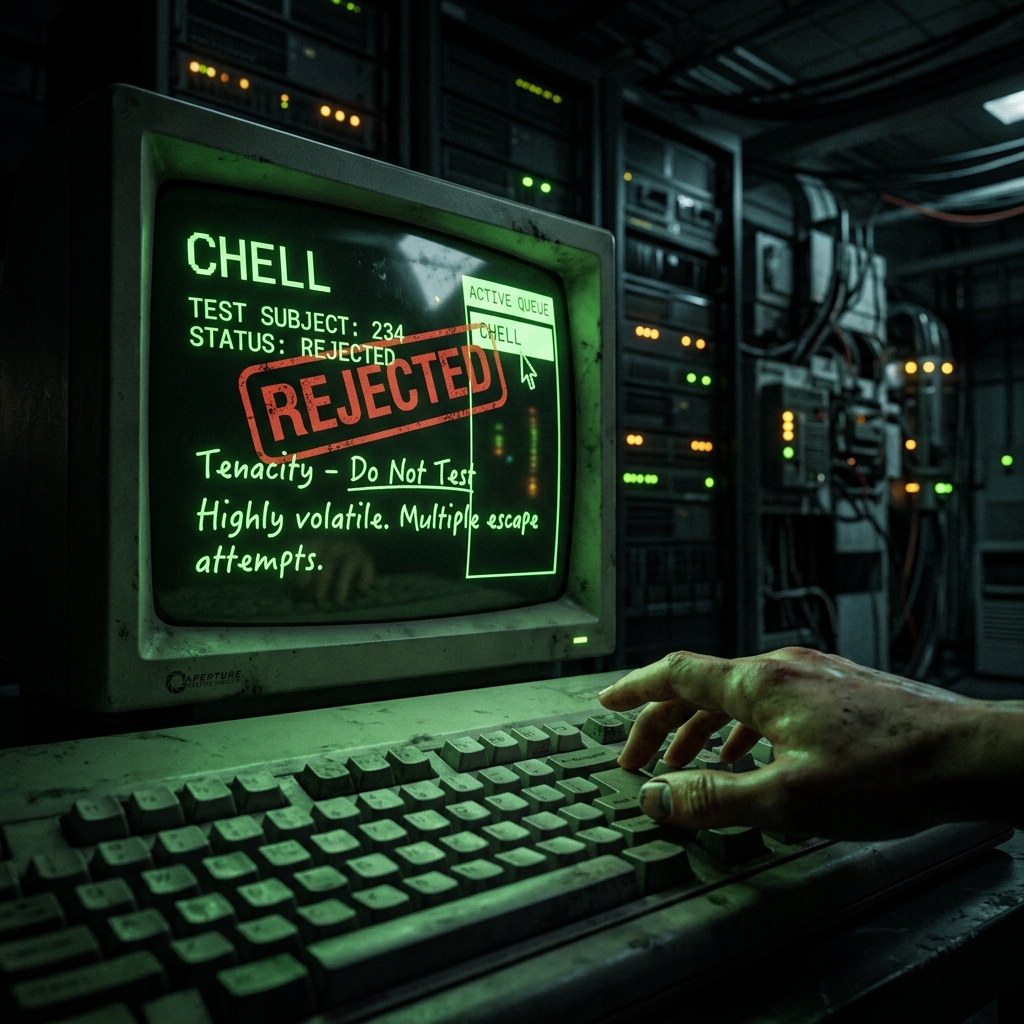 Rejected file Chell on green CRT screen