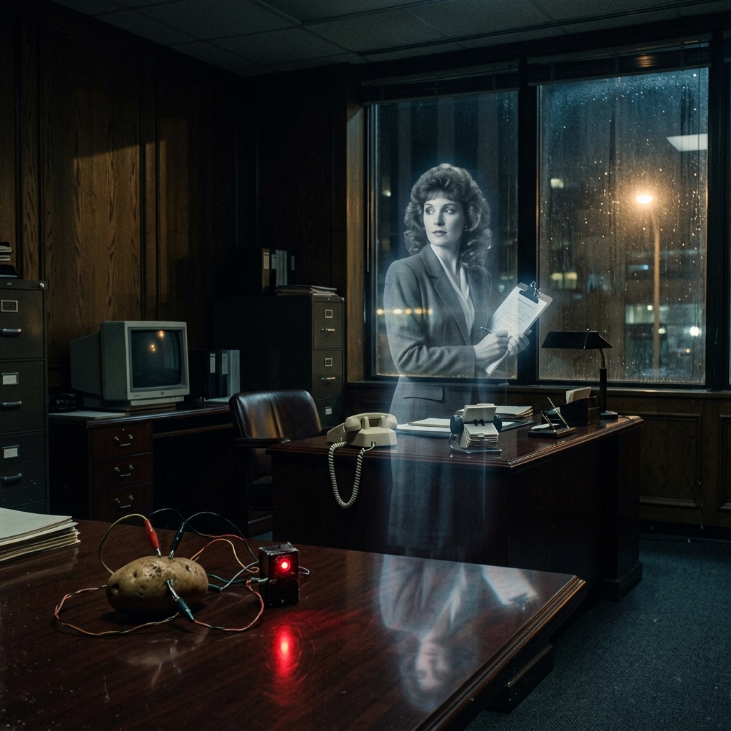 Faint ghostly projection of Caroline in Cave executive office