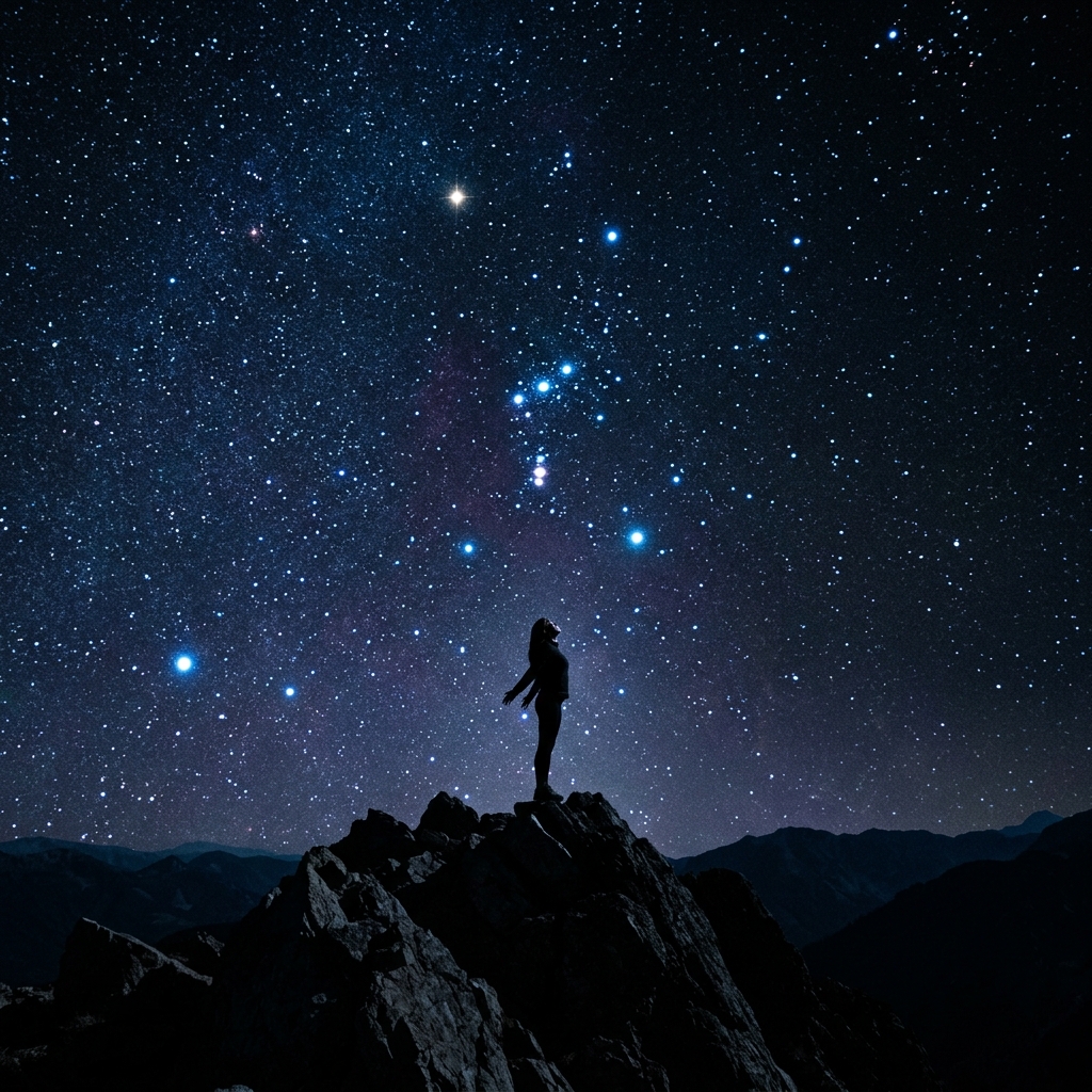 A silhouette looking at detailed cosmic stars representing simulated freedom